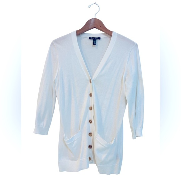 Lauren Ralph Lauren White Cardigan Sweater with Gold Buttons Size Medium - Picture 1 of 6